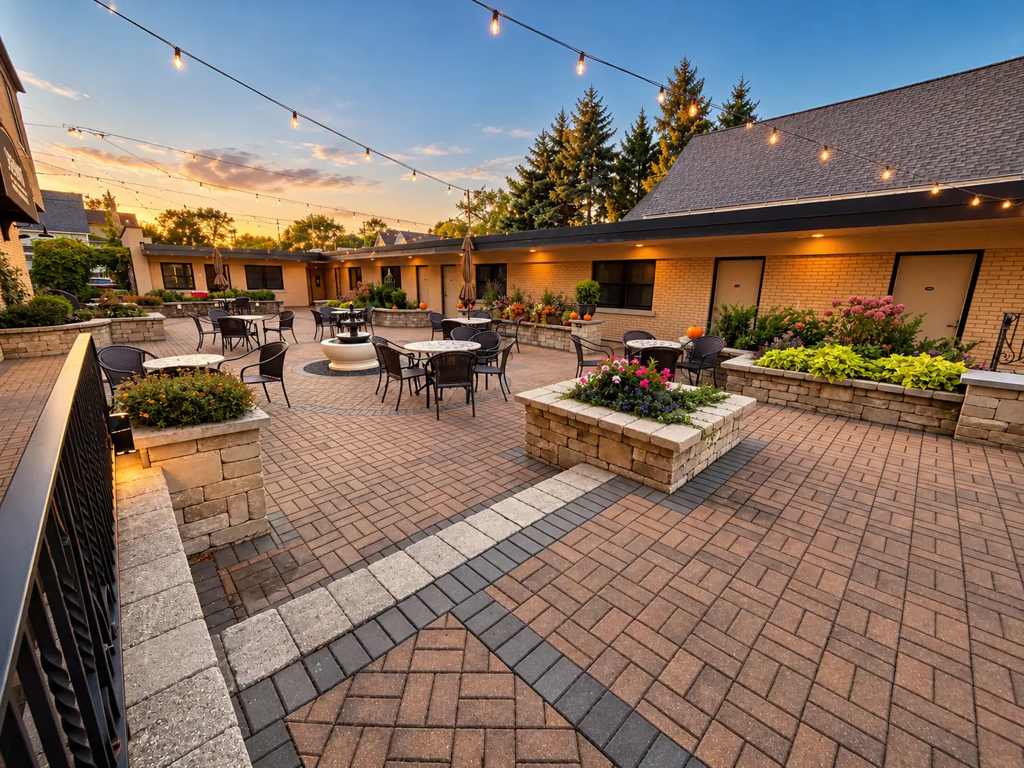 The garden suite doors along the courtyard under string lights
