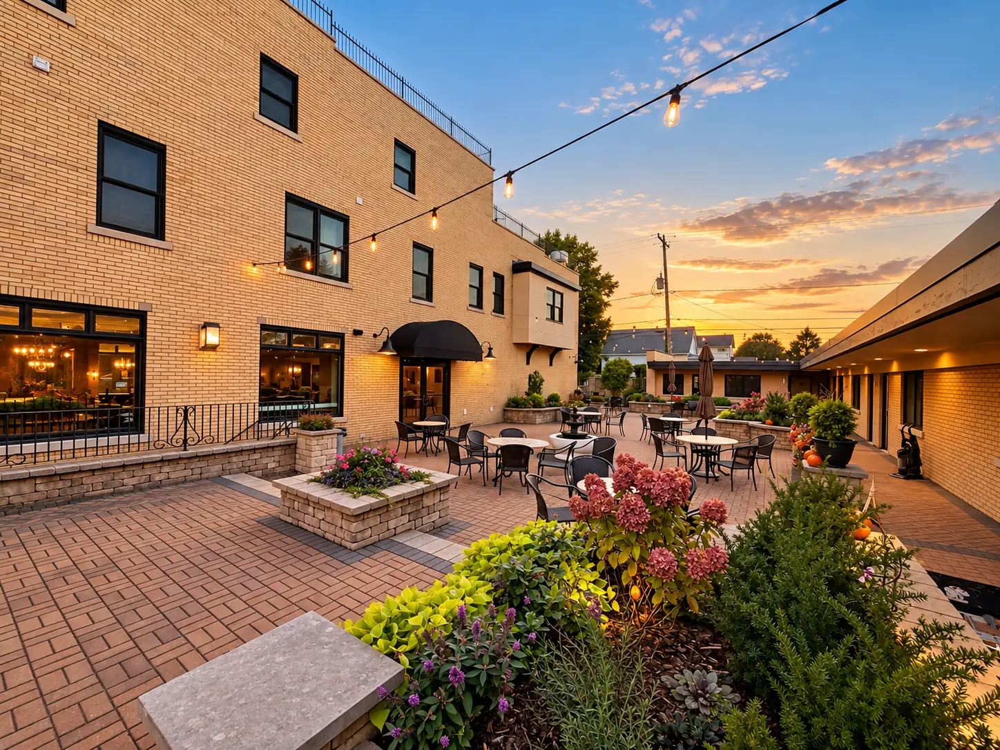 The courtyard at dusk, string lights on, the hotel windows lit behind