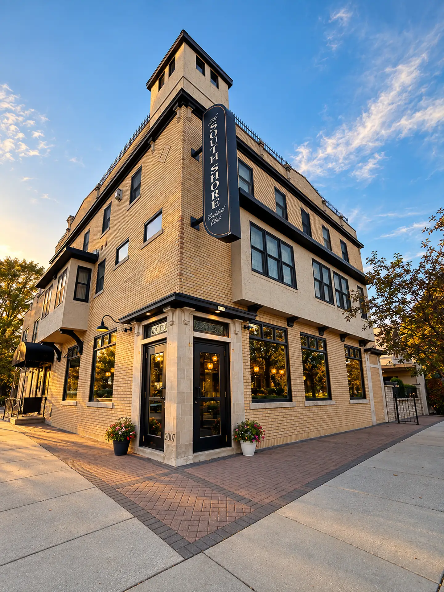 The corner of the building at golden hour, the South Shore sign on the brick