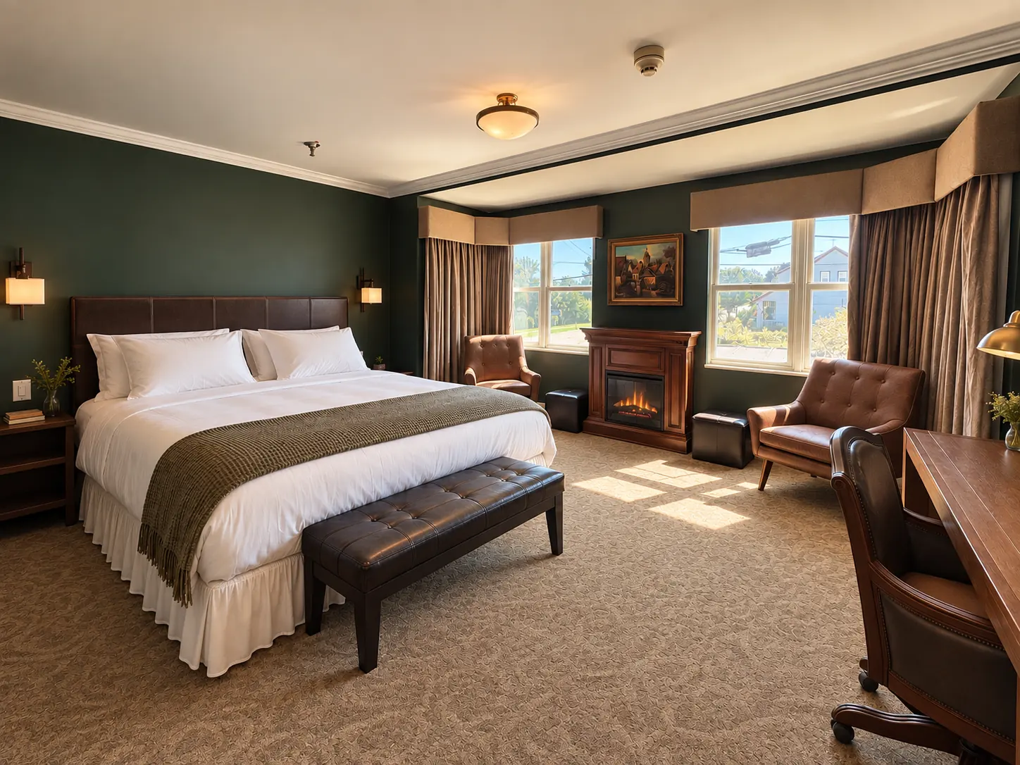 A king room with a leather headboard, two armchairs and a fireplace